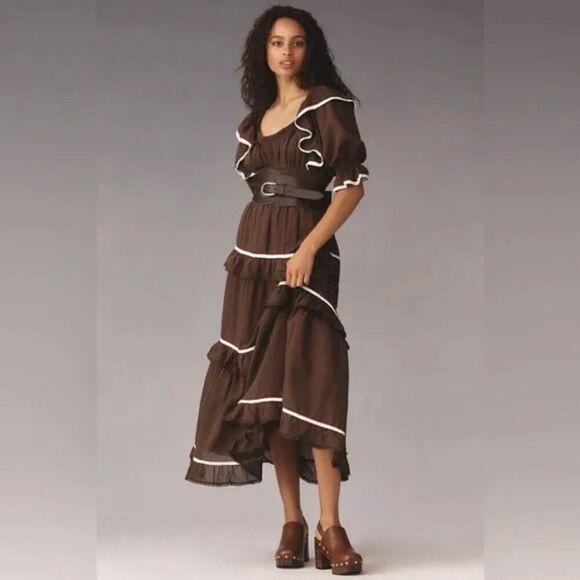 Anthropologie Lagenlook Tiered Puff Sleeve Ruffle Maxi Dress NWT Size Large - Picture 1 of 7